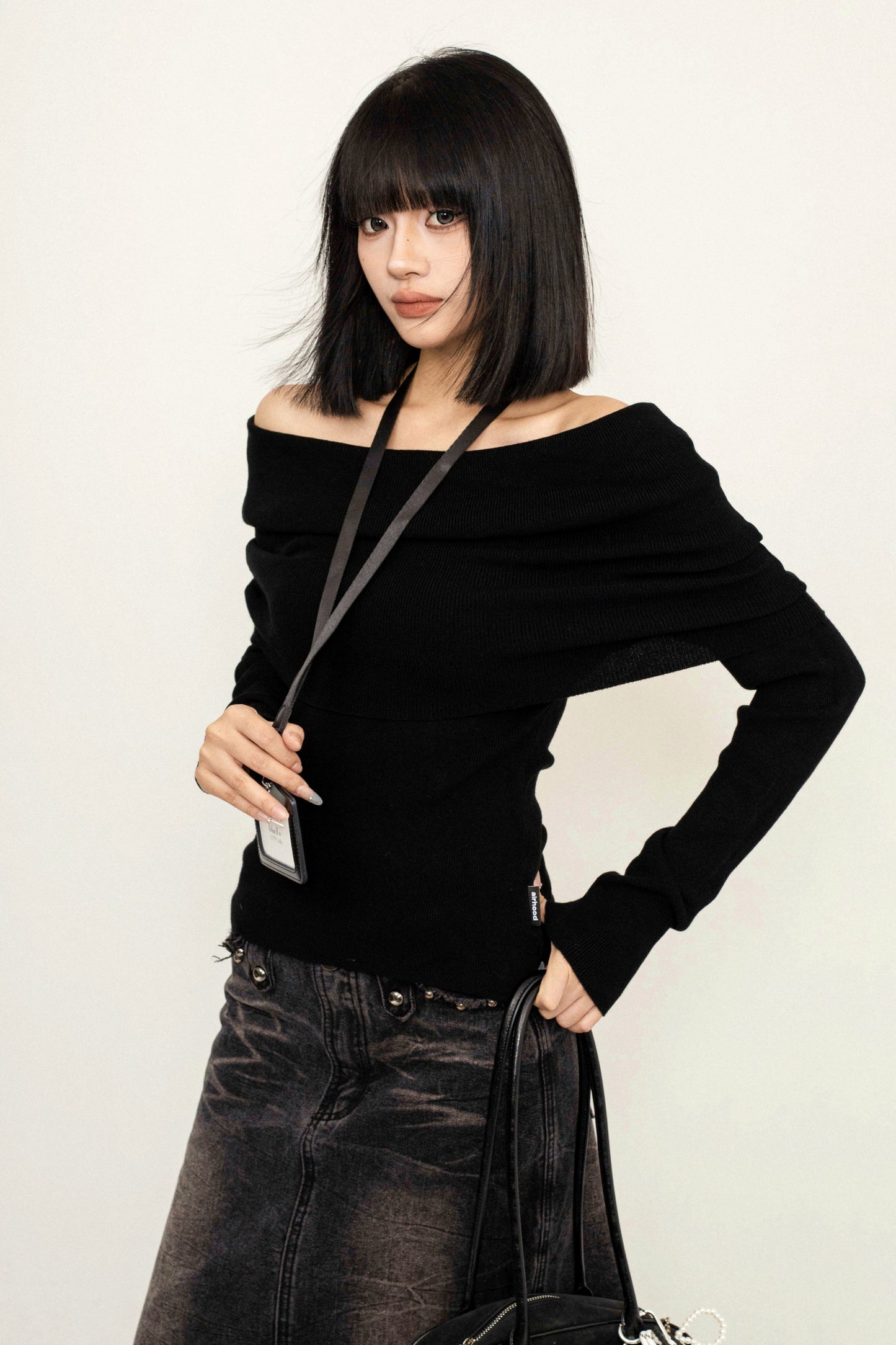 OCTTFLAB Korean simple one-shoulder off-the-shoulder top, women's design sweater, slim fit, versatile and slim knitwear