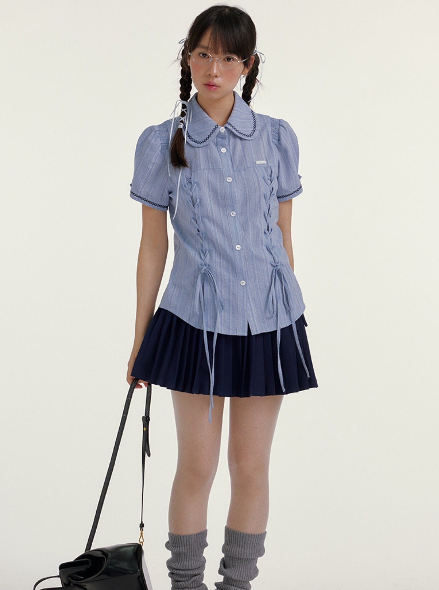 Blue Striped Cropped Casual Doll Collar Shirt