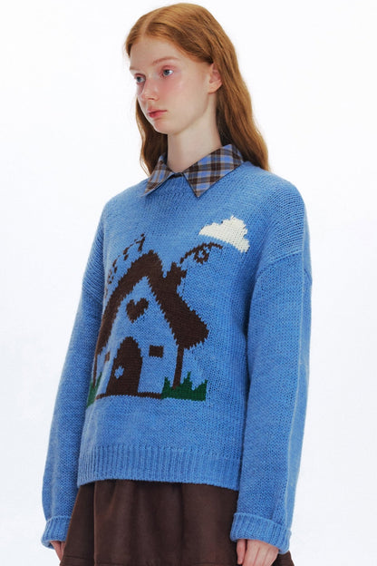 WhyBerry 24AW "Fairy Tale House" Cute Loose Little House Pullover Einfache Rundhalsausschnitt Lazy Style