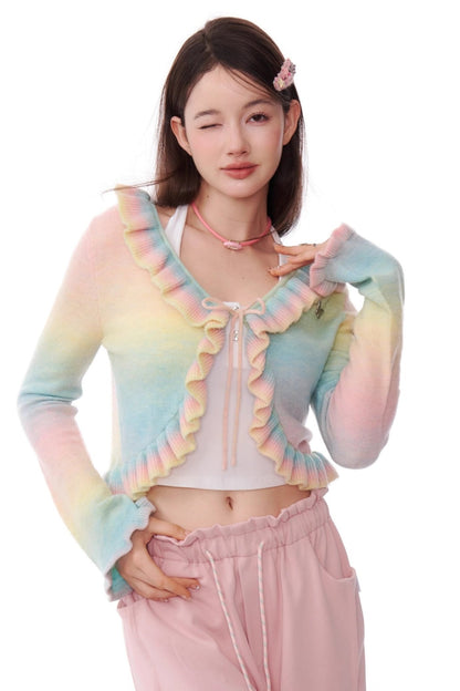 Retro Gradient Ruffles Bell Sleeve Cardigan