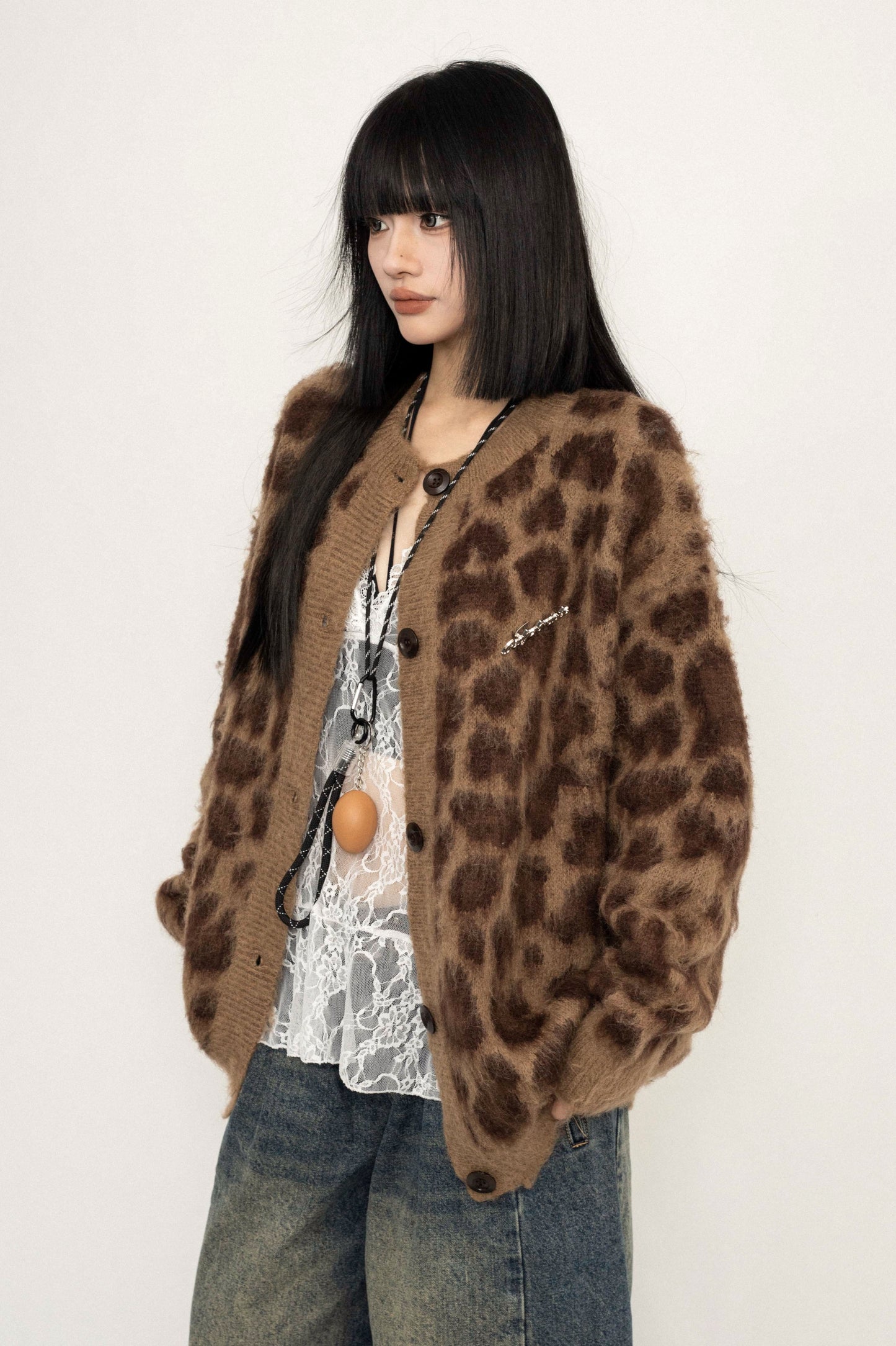 Loose Fit Leopard Print Knit Jacket