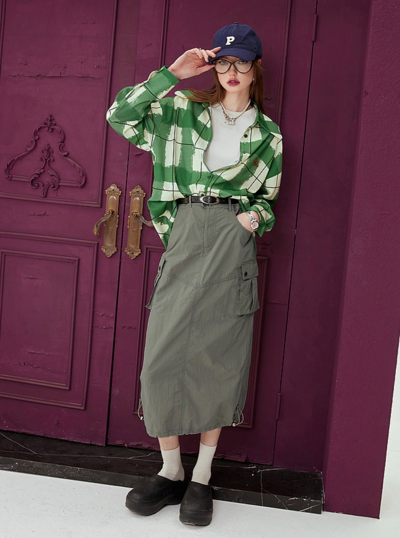 High-Waisted Cargo Long Skirt