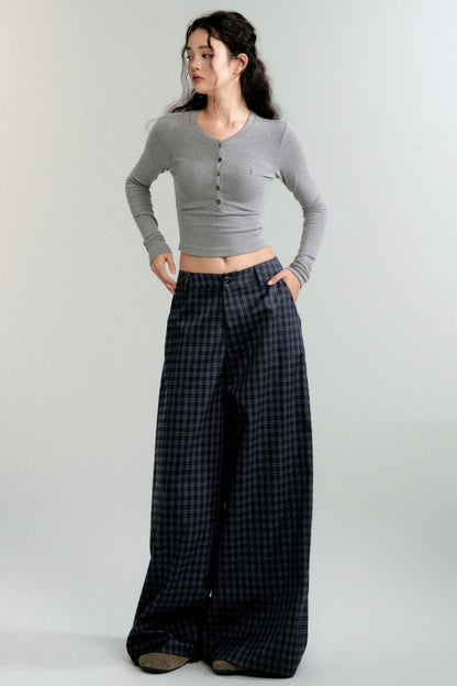 LULUSWINGS 24AW Slouchy Antique Navy Plaid Wide-Leg Pants Women's Loose Casual Straight Pants