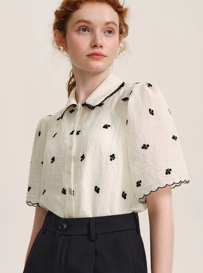 Black Floral Lace Collar Shirt