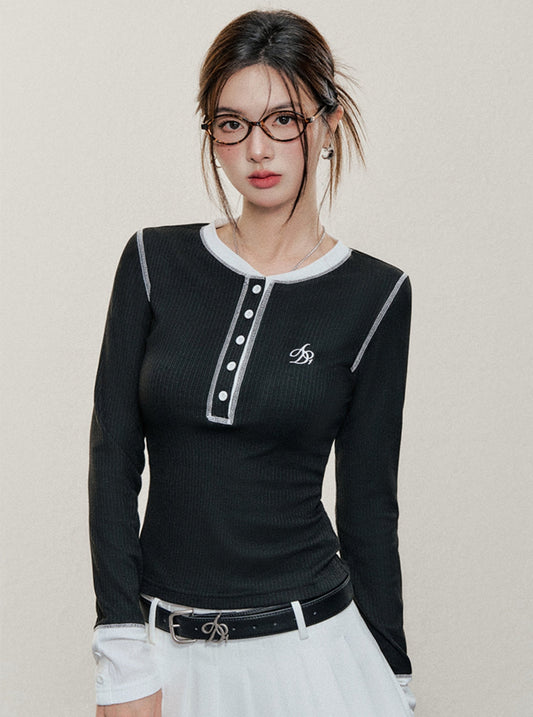 ANDYET AD1 Original Fake Two Colour-Blocked T-Shirts, Women's Slim Skinny Unterhemd, Schulterfreies, langärmeliges Top