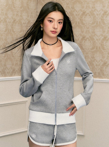 American Retro Contrasting Zipper Sweatshirt Set