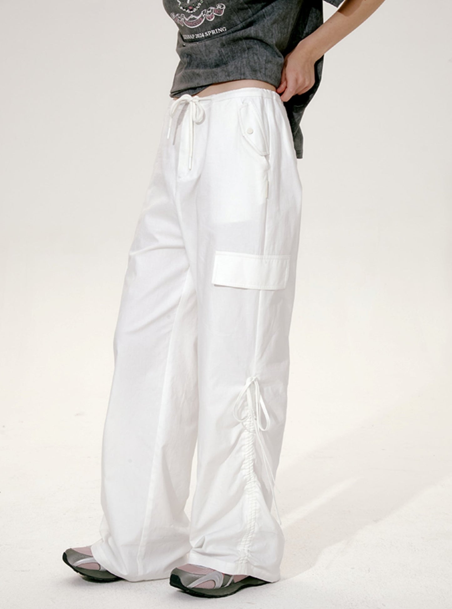 Drawstring Bow Wide-Leg Cargo Pants