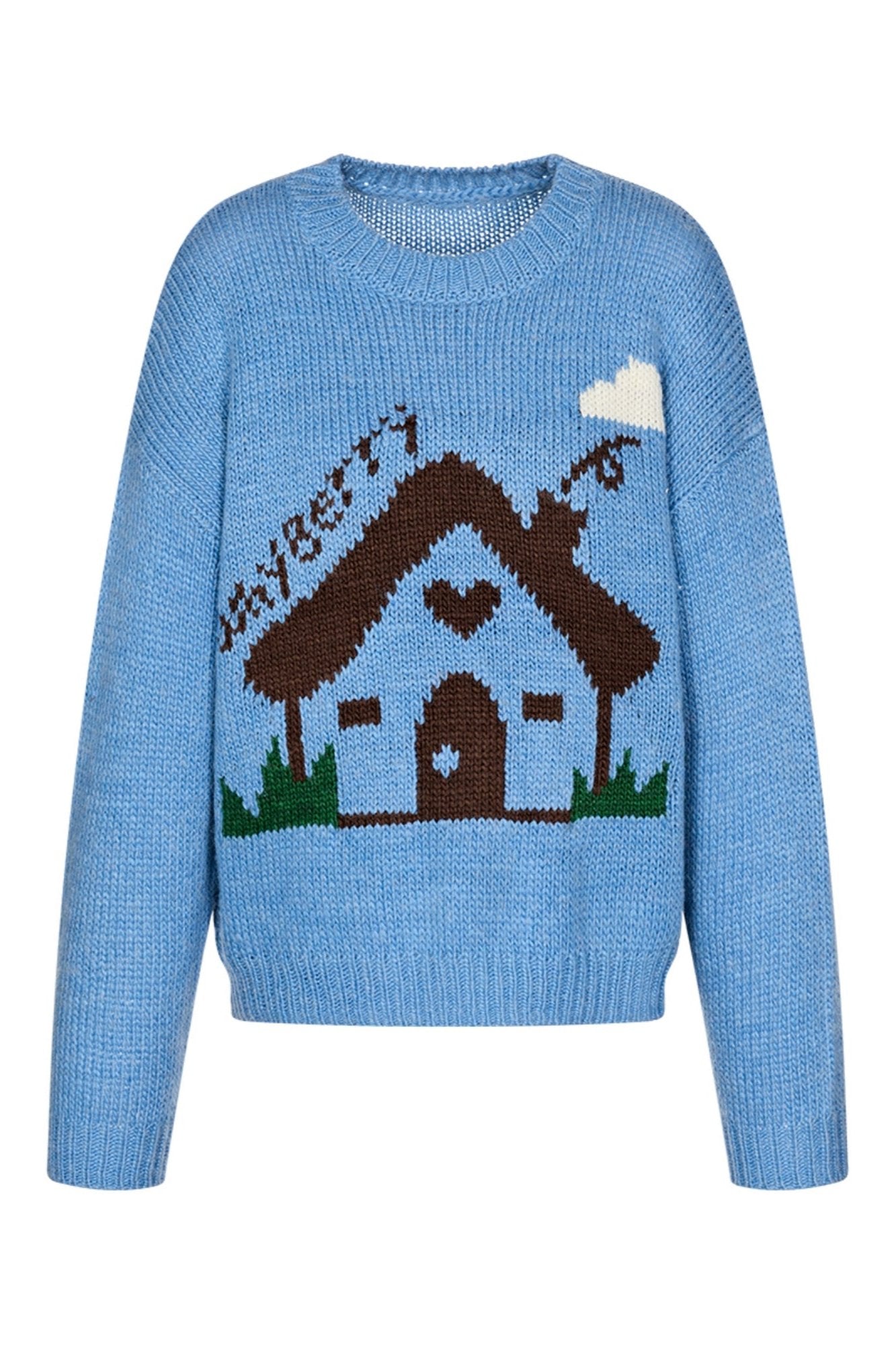 WhyBerry 24AW "Fairy Tale House" Cute Loose Little House Pullover Einfache Rundhalsausschnitt Lazy Style