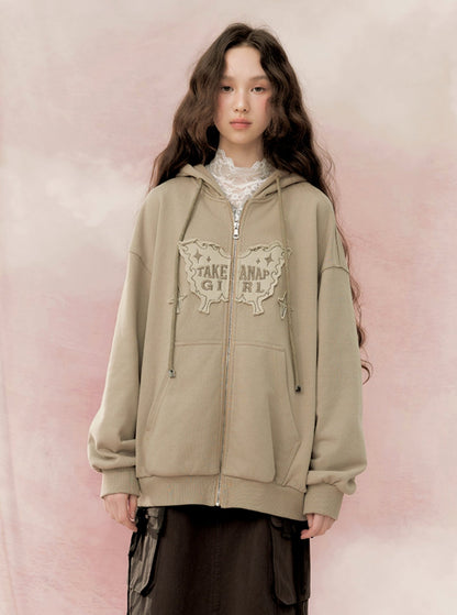 Retro patch embroidery zipper jacket