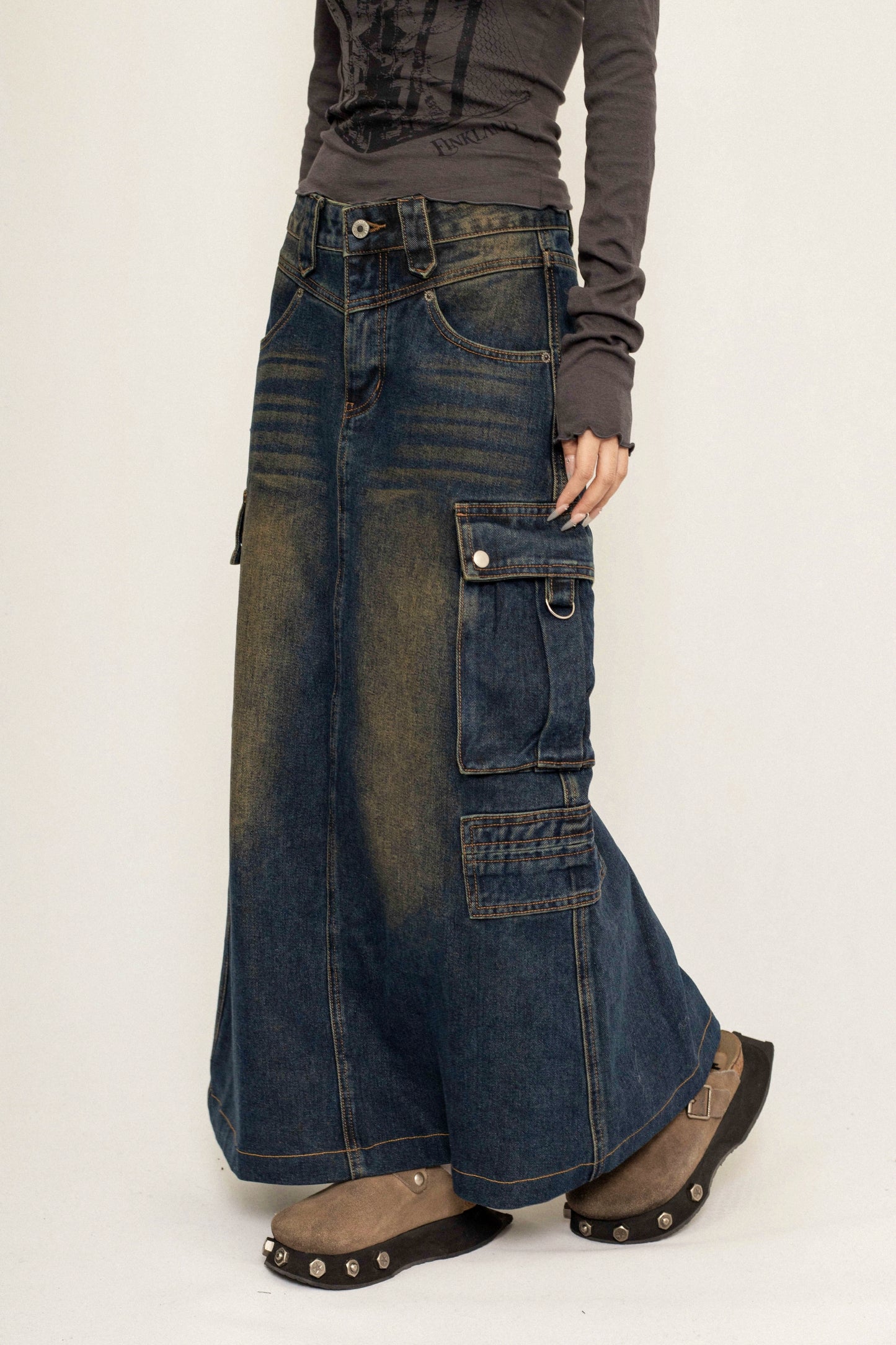 OCTTFLAB Original Fall/Winter American Retro Style Denim Skirt Long Design Pocket Long Skirt Women