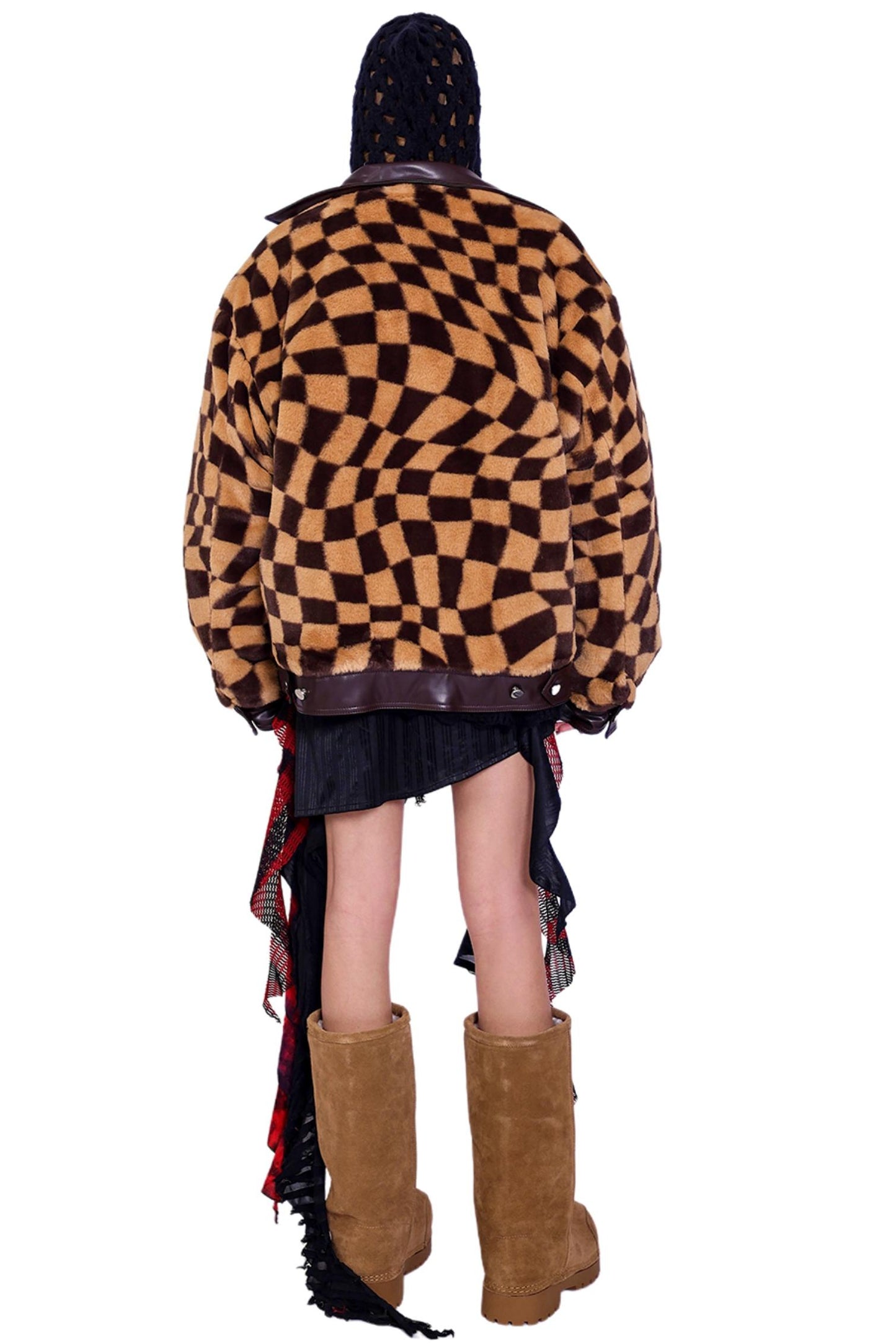 Checkerboard Plush Panel Coat