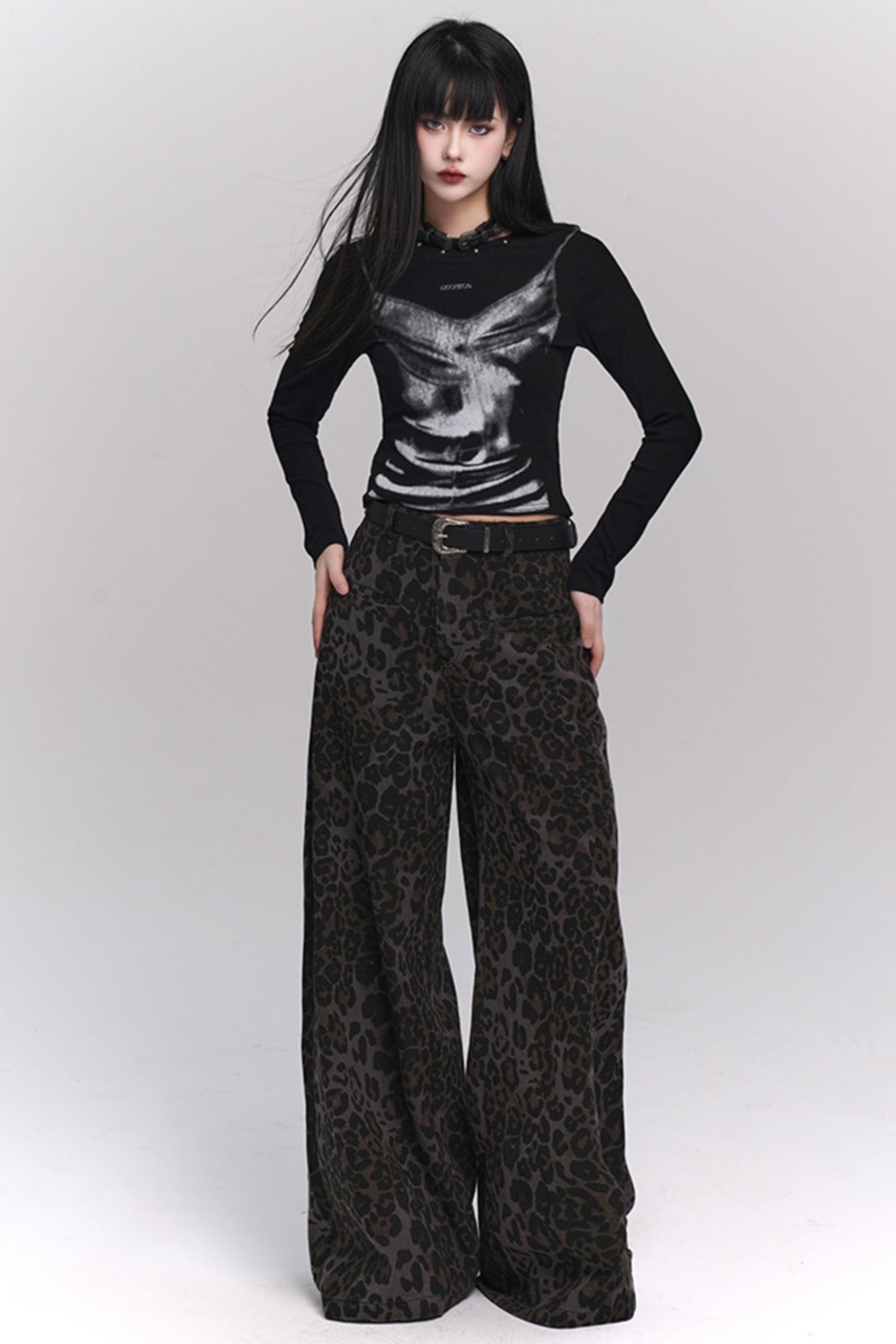 Ghost Girl American Leopard Print Jeans Wide-leg Pants Women's 2024 New Spring and Autumn Straight Pants Sweet and cool wear in early autumn