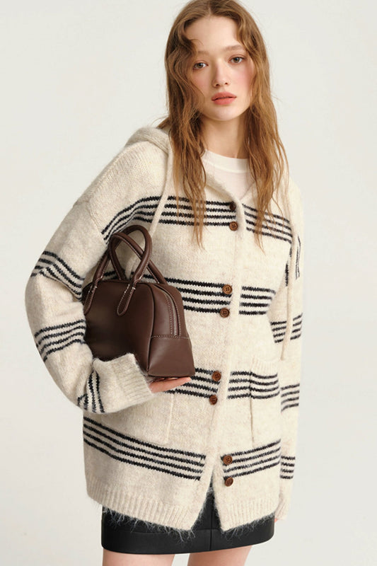 Slouchy Pinstripe Hooded Wool Cardigan