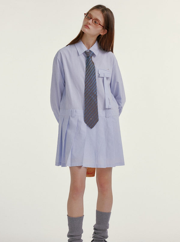 Butterfly Embroidery Blue Pleated Dress