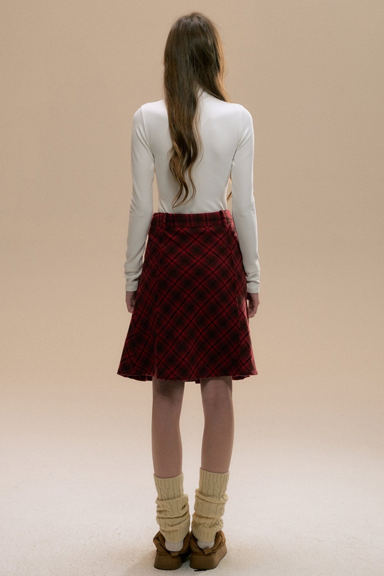 Red Check Tweed Pleated Skirt