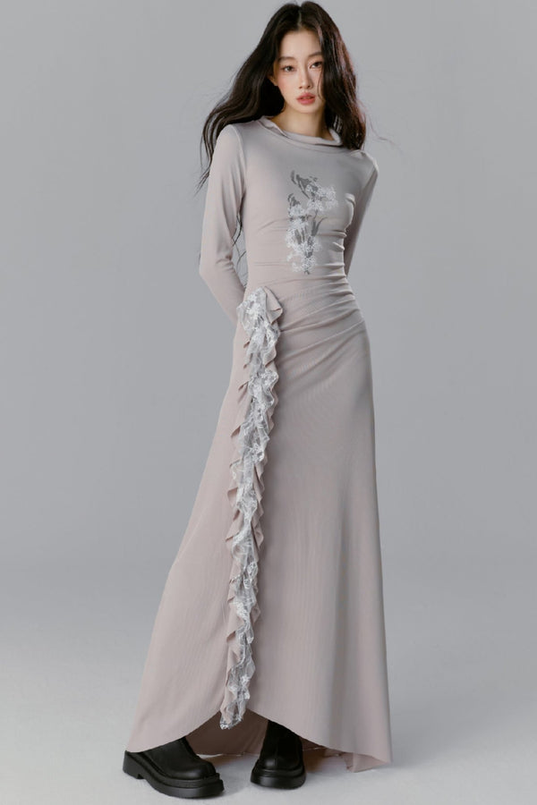 프린트 레이어드 롱 레이스 드레스 