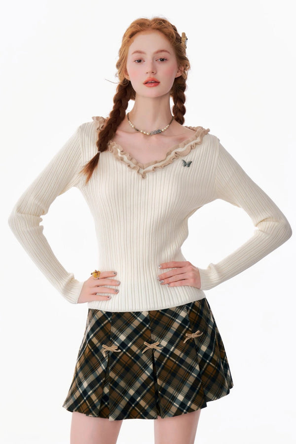 Retro Lace V-Neck Slim Knitted Top