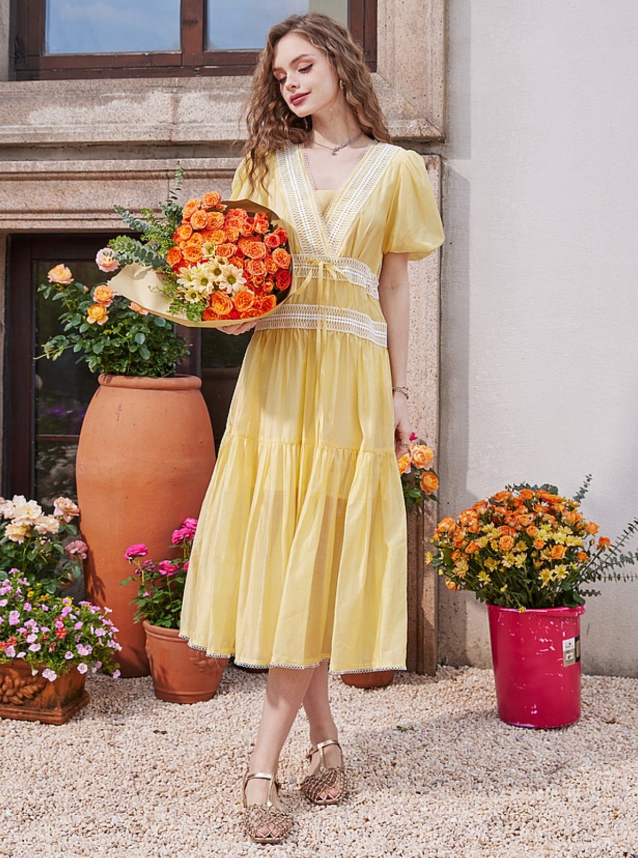 French V-Neck Puff Sleeve Temperament Dress