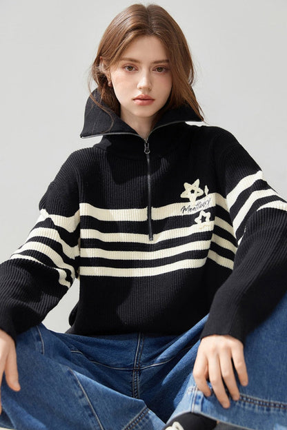 Athleisure Half Zipper Striped Sweater