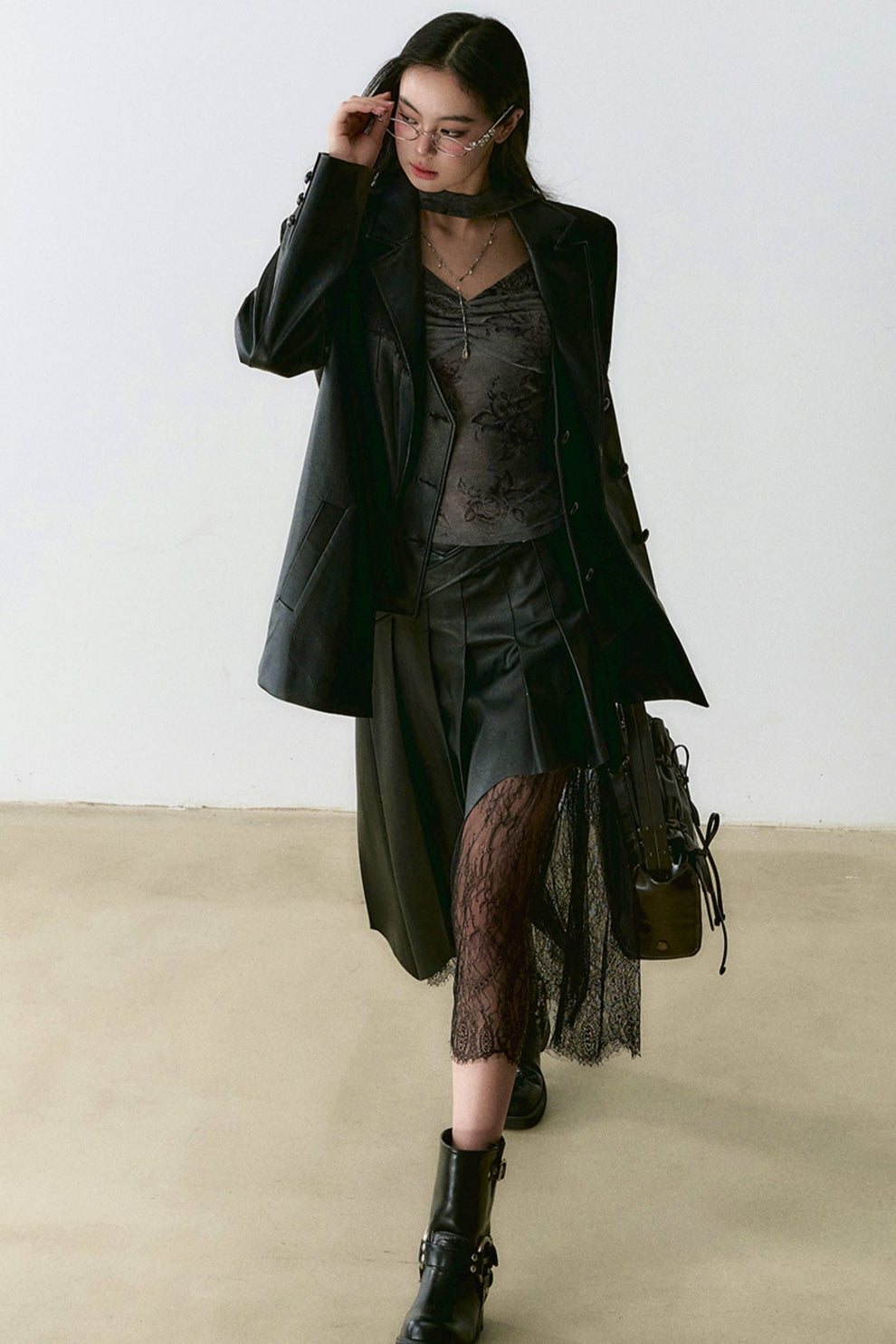 Kenna Grid Lace Patchwork Leather Skirt