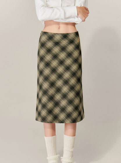 Checked A-Line Hip Midi Skirt