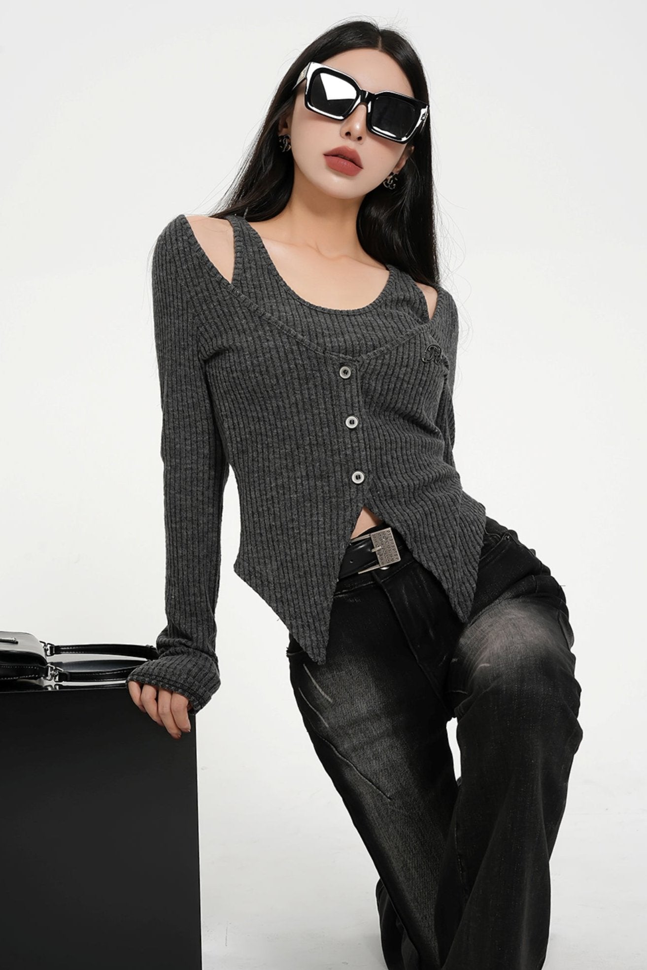 Fake Two Short Long Sleeve Knit Tops