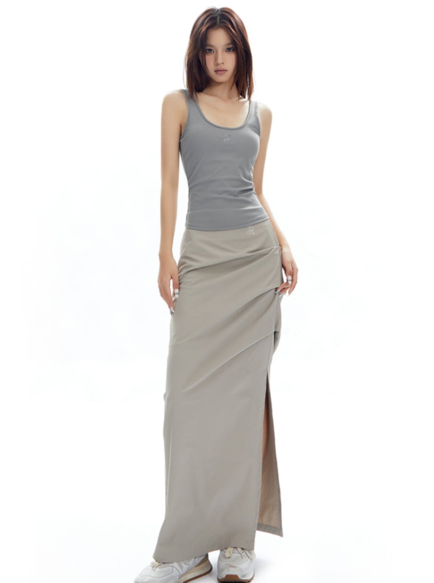 High-Waisted Pleated Light Grey Skirt