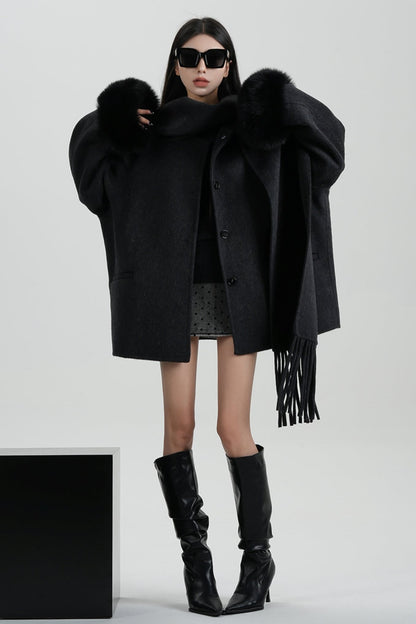 Fox Fur Sleeve Mid-Length Wool Coat