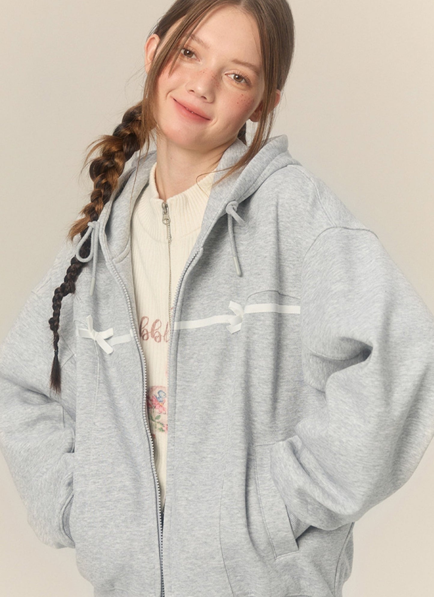 Bow hooded cardigan sweatshirt