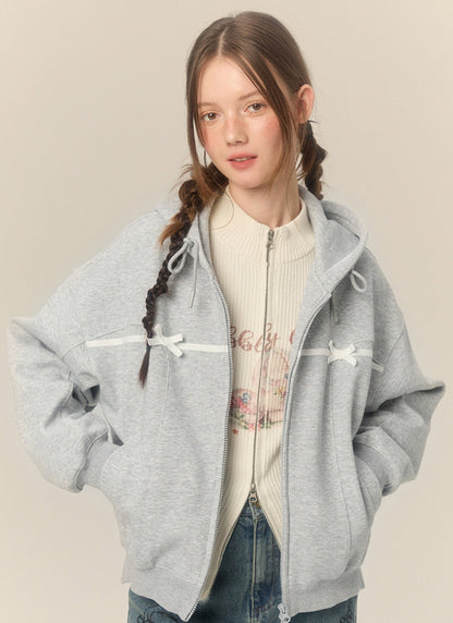 Bow hooded cardigan sweatshirt