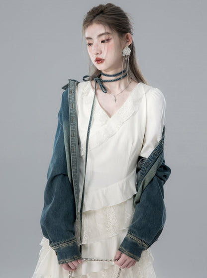 Gradient Blue Contrast-Trim Shirt Denim Set