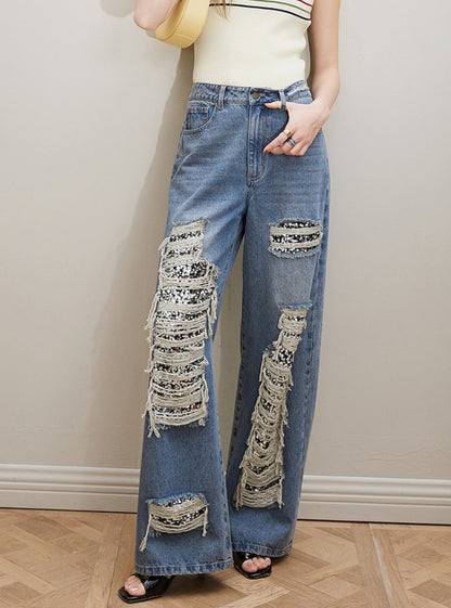 Straight Sequin Stitched Trousers