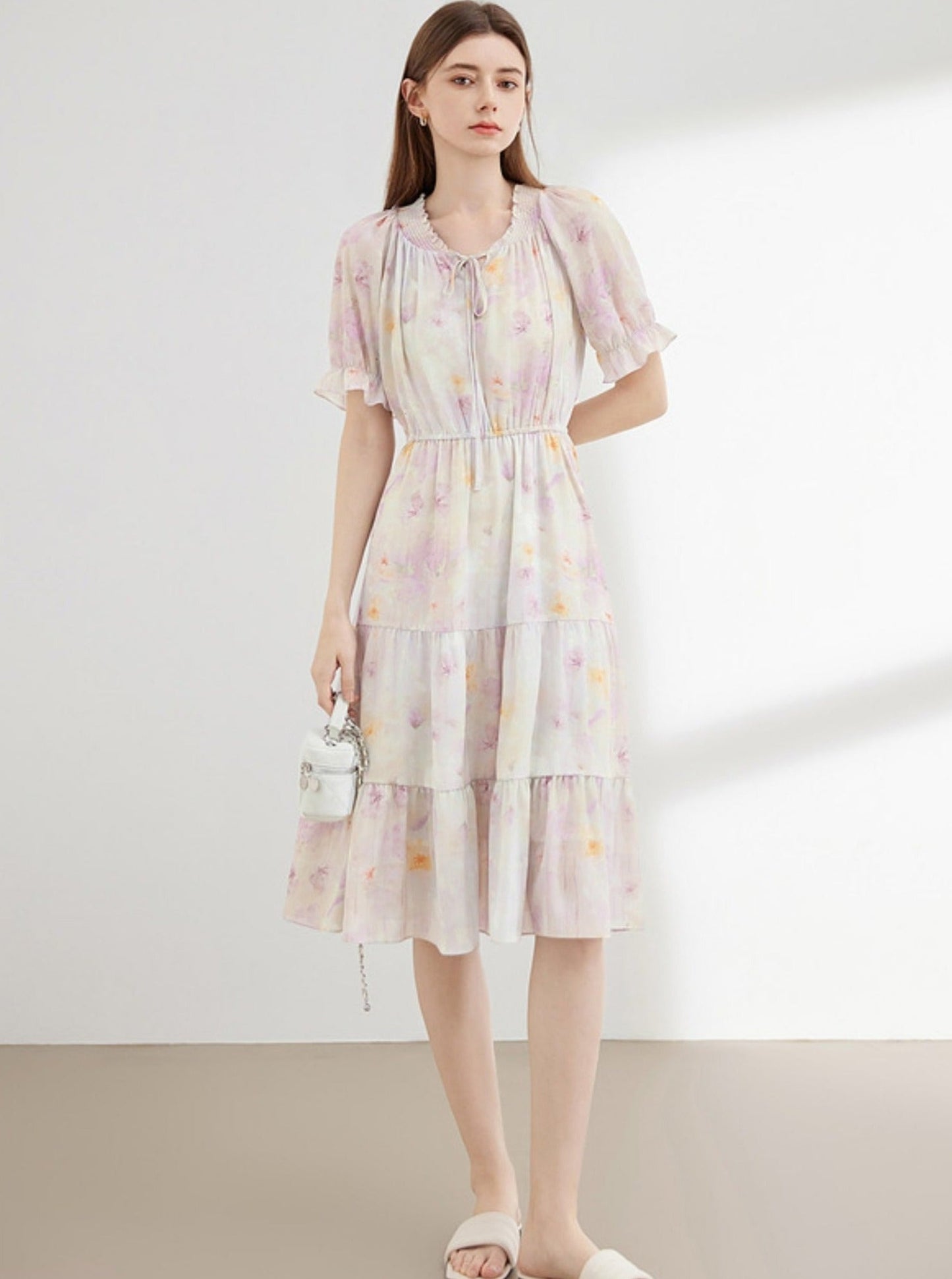 Pressed Pleats Gentle A-Line Floral Dress