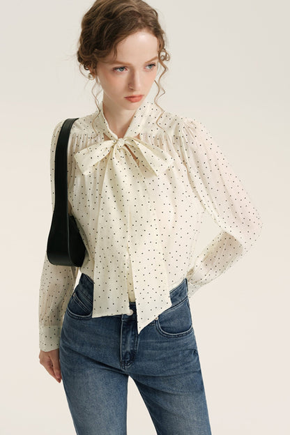 Vintage Polka Dot Flocked Bow Shirt