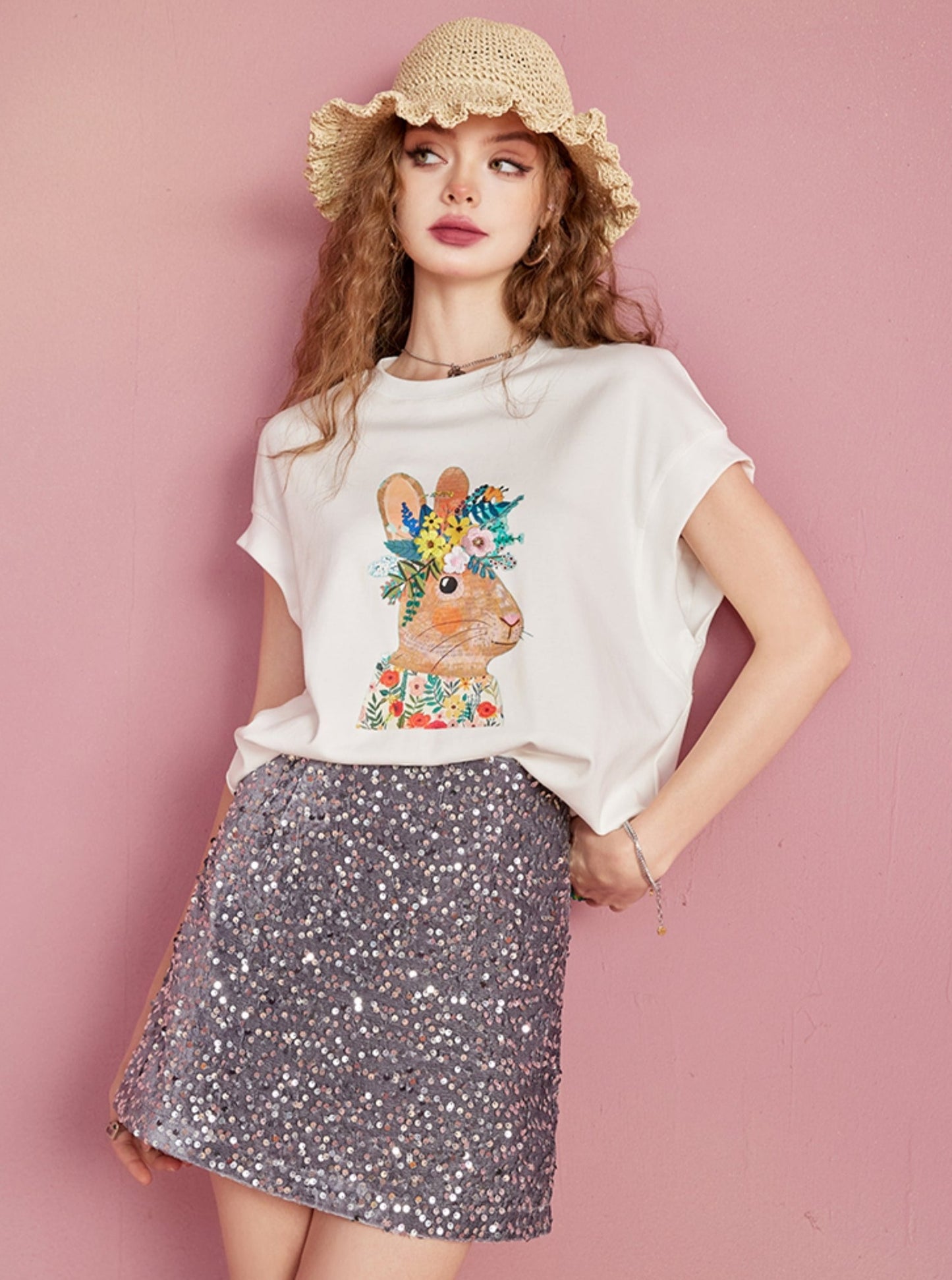 Bunny Print Lose Kurzarm T-Shirt