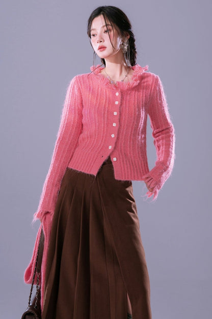 COTRE Sweet Mist Vibe Alpaca Milk Mist Blue, Sunset Pink, Tassel Small Fragrance Wool Cardigan