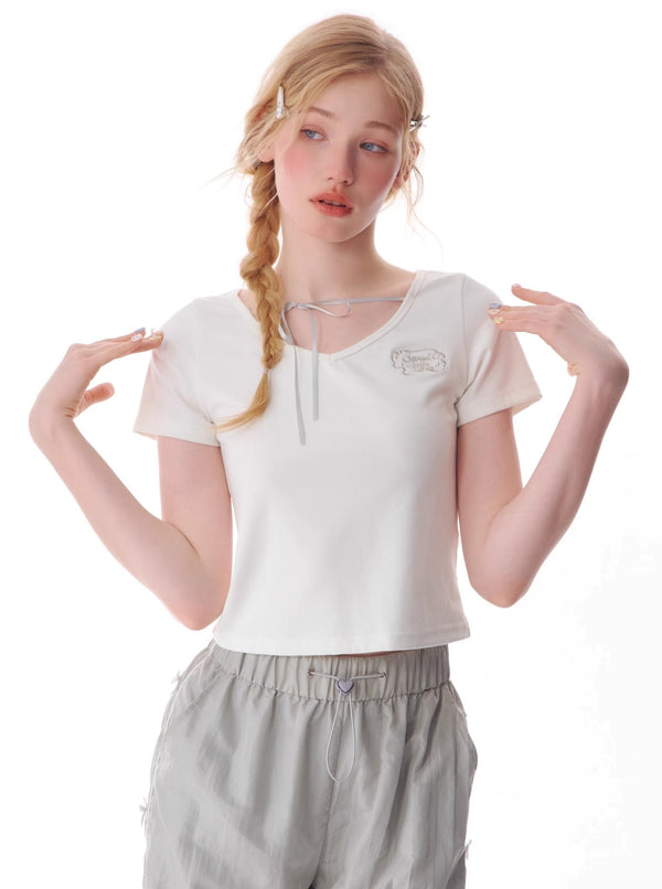 Retro Lace-Up V-Neck T-Shirt