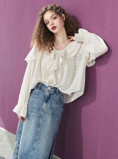 Fairy Cut-Flower Ruffle Chiffon Shirt Set