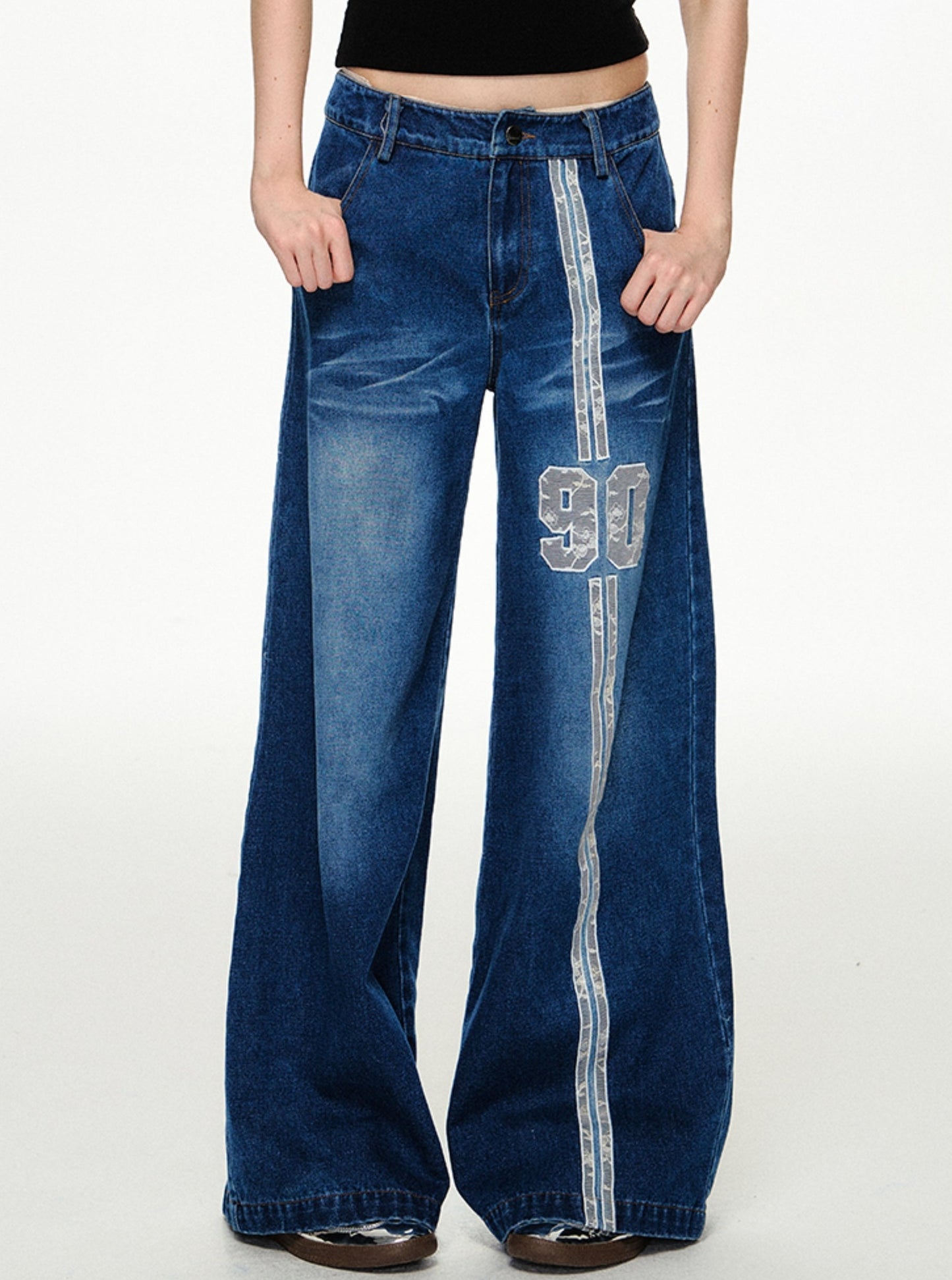 CyNi Classic 90 bestickte Jeans, Hose, Drapierung, gerade, Hose mit weitem Bein, Street Cool, lässiger Retro-Stil