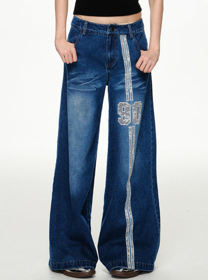 CyNi Classic 90 bestickte Jeans, Hose, Drapierung, gerade, Hose mit weitem Bein, Street Cool, lässiger Retro-Stil