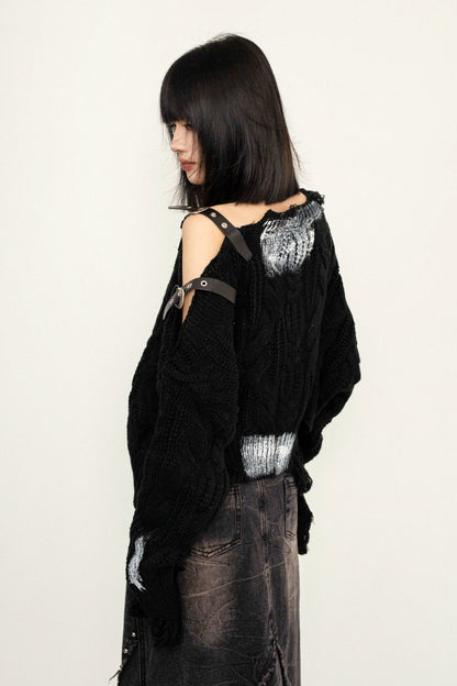 OCTTFLAB Fall/Winter New Ripped Off-the-Shoulder Design Sense Distressed Sweater 2024 New Knitwear Top Women