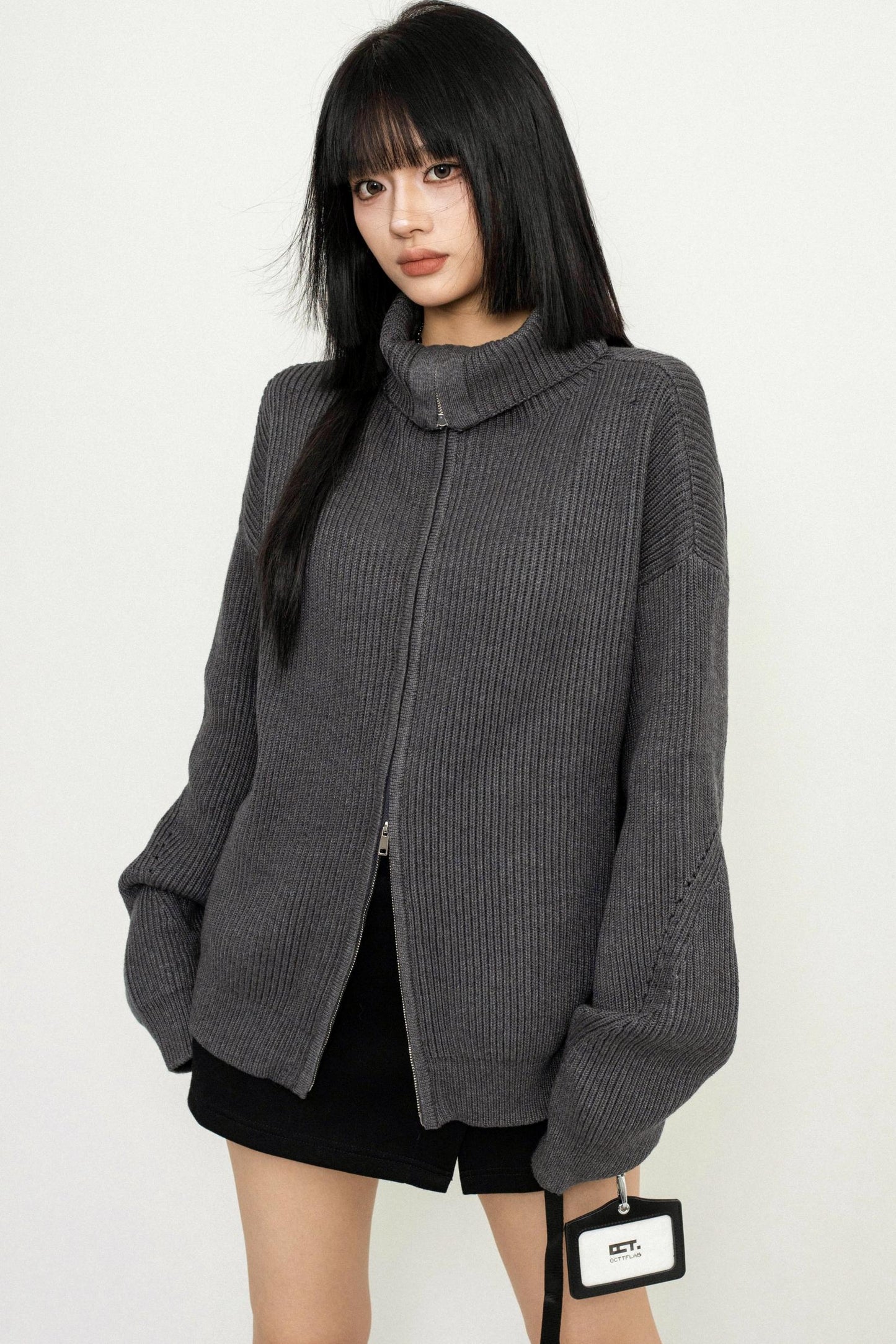 High Neck Zip Knit Sweater