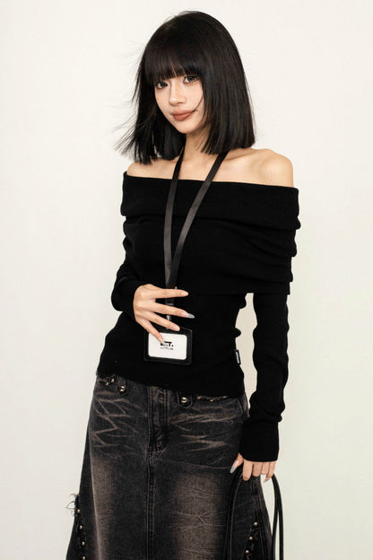 OCTTFLAB Korean simple one-shoulder off-the-shoulder top, women's design sweater, slim fit, versatile and slim knitwear