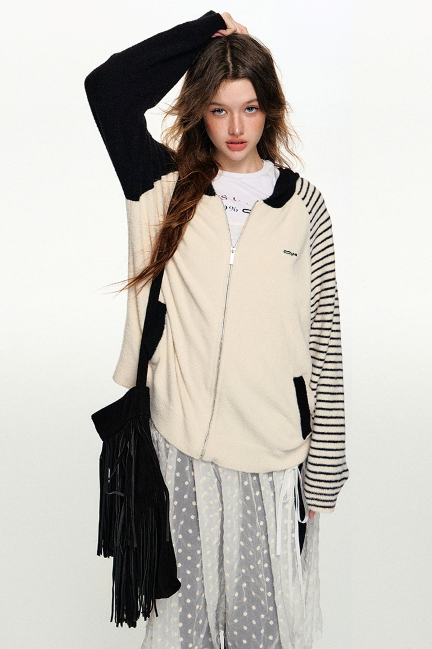 Black and White Striped Hooded Cardigan