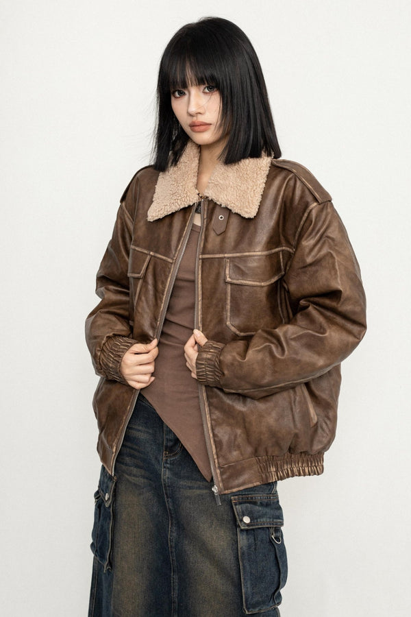 Lammwollkragen genähte Jacke 