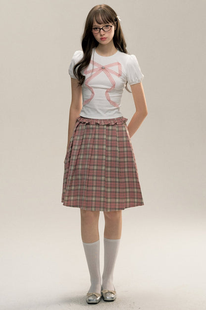 Plaid Diary Pink Lace Pleated Skirt