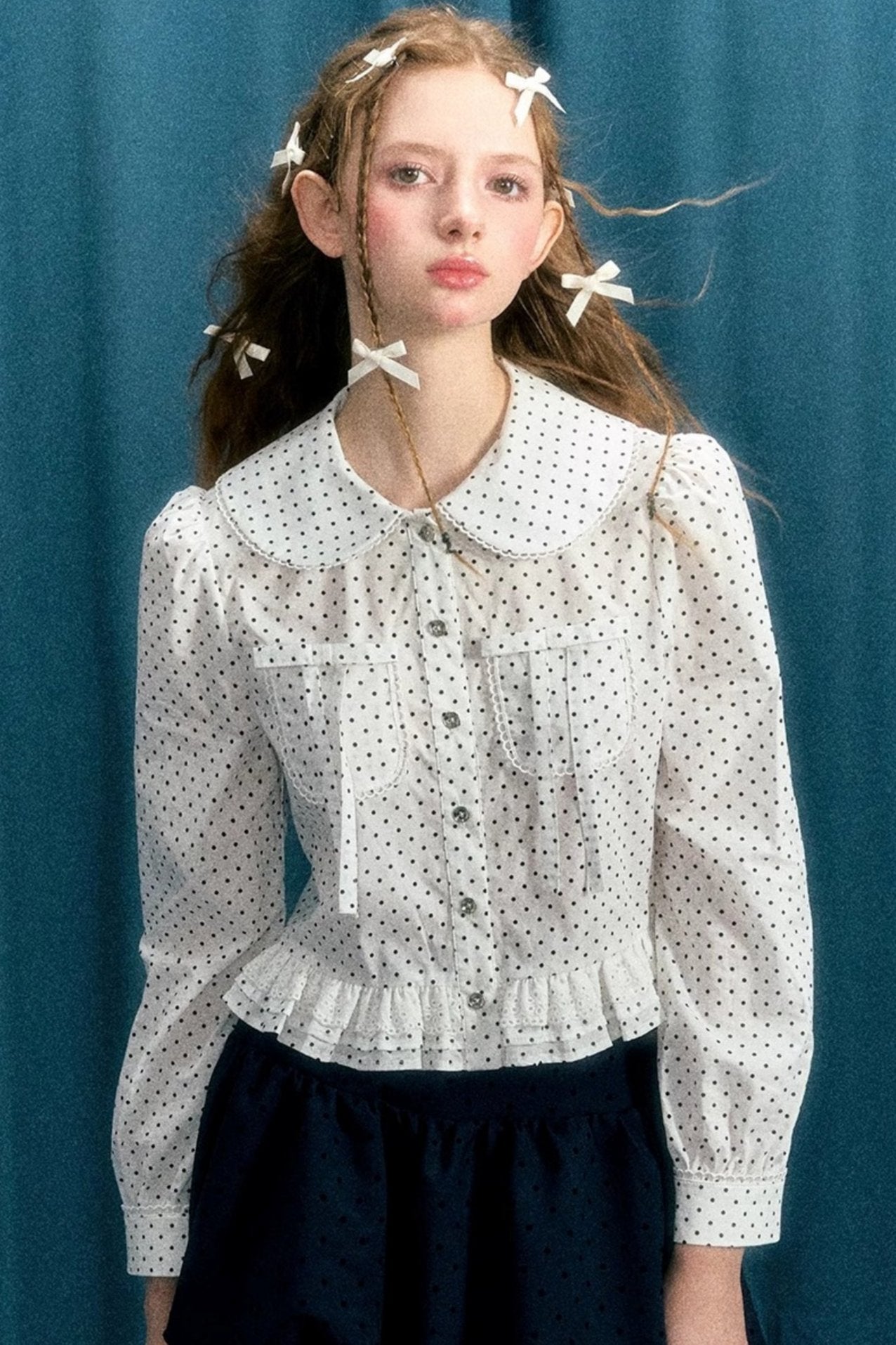 Polka Dot Long-Sleeve Doll Collar Shirt