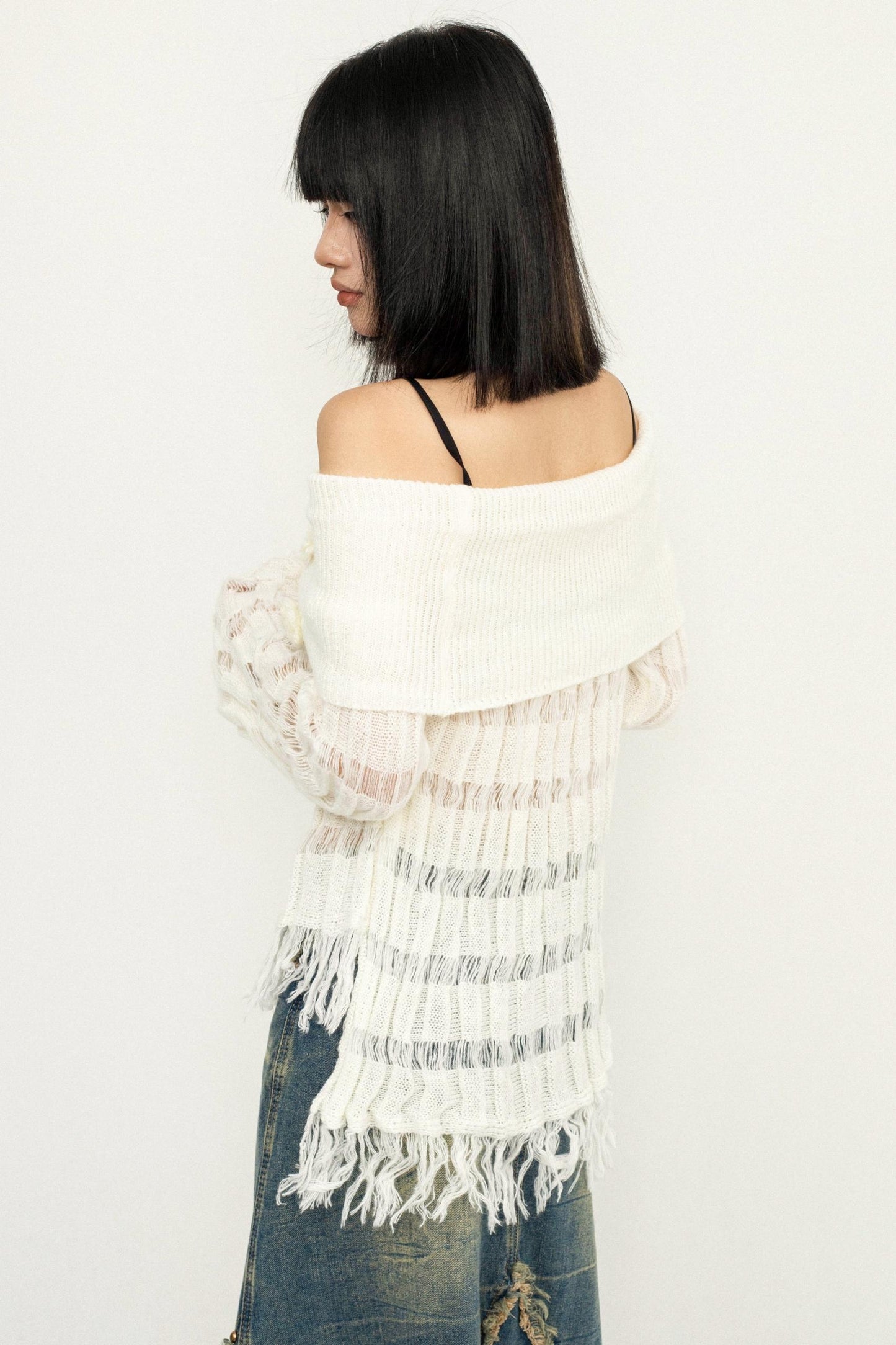 Off-Shoulder Tassel Knit Sweater