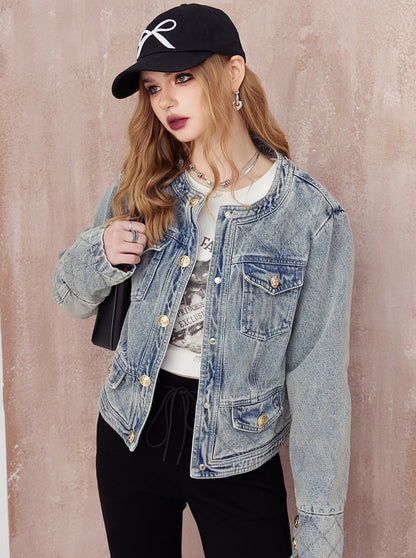 Round Neck Cropped Denim Jacket