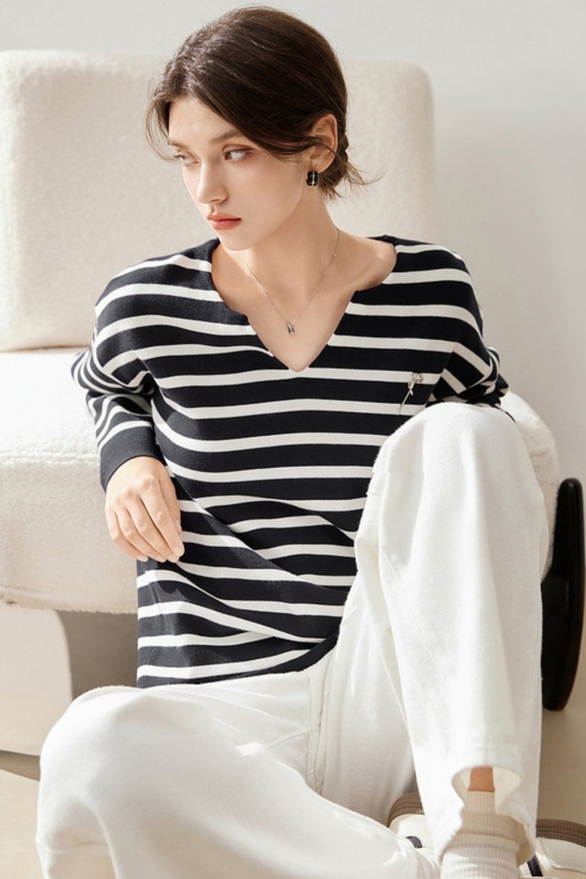 Striped V-Neck Loose Knit Sweater